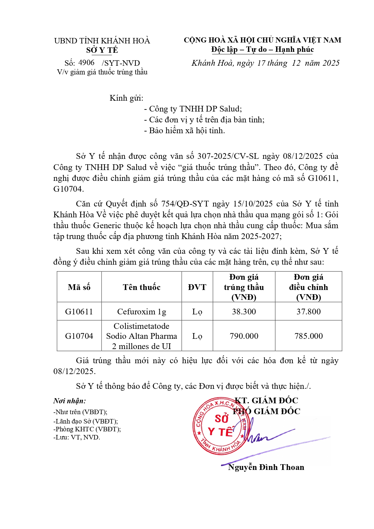 V/v giảm giá thuốc trúng thầu